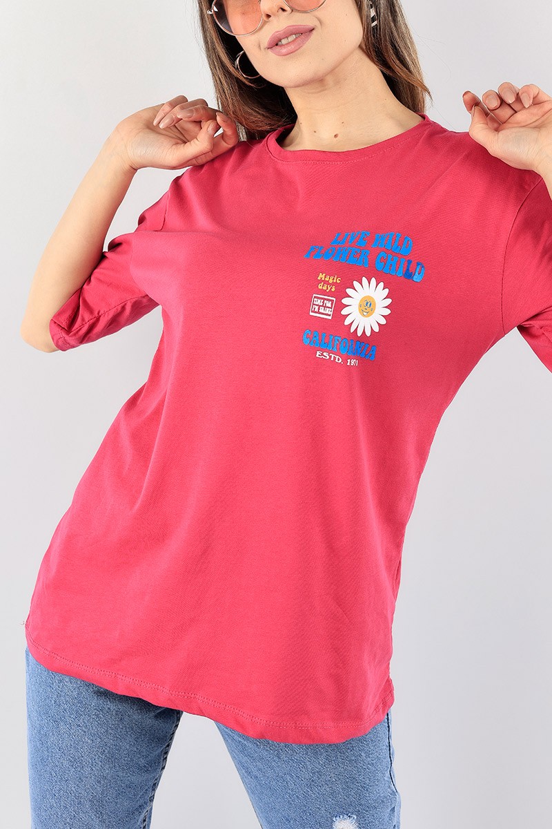 Fuşya Sırt Baskılı Bayan Tişört 93422