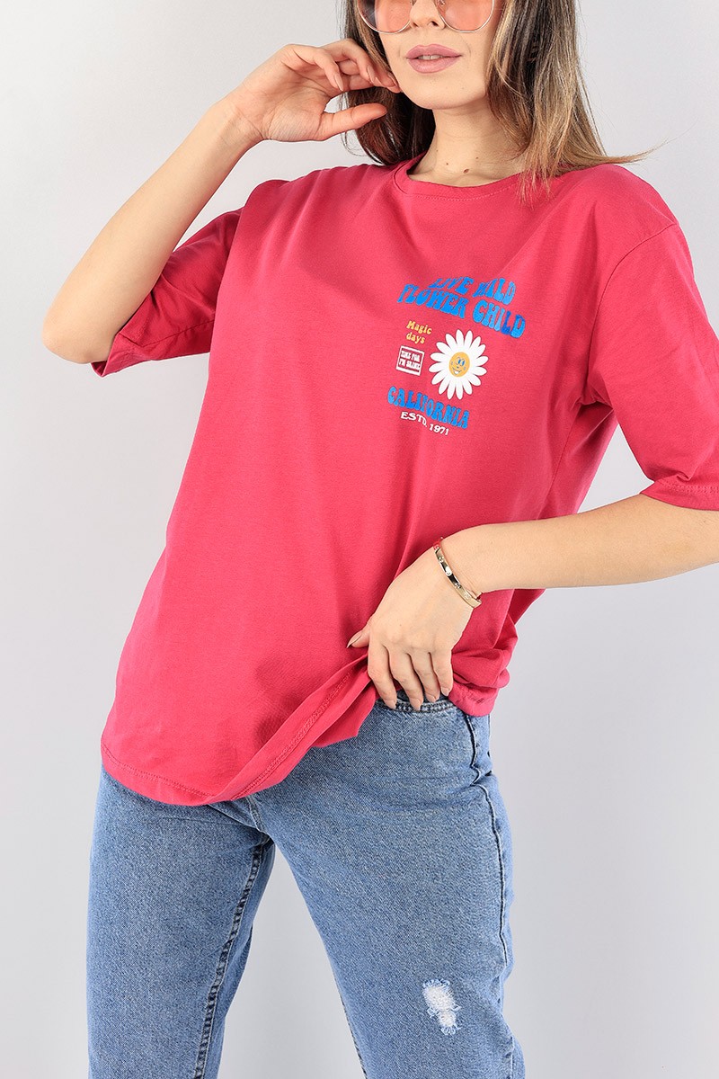 Fuşya Sırt Baskılı Bayan Tişört 93422