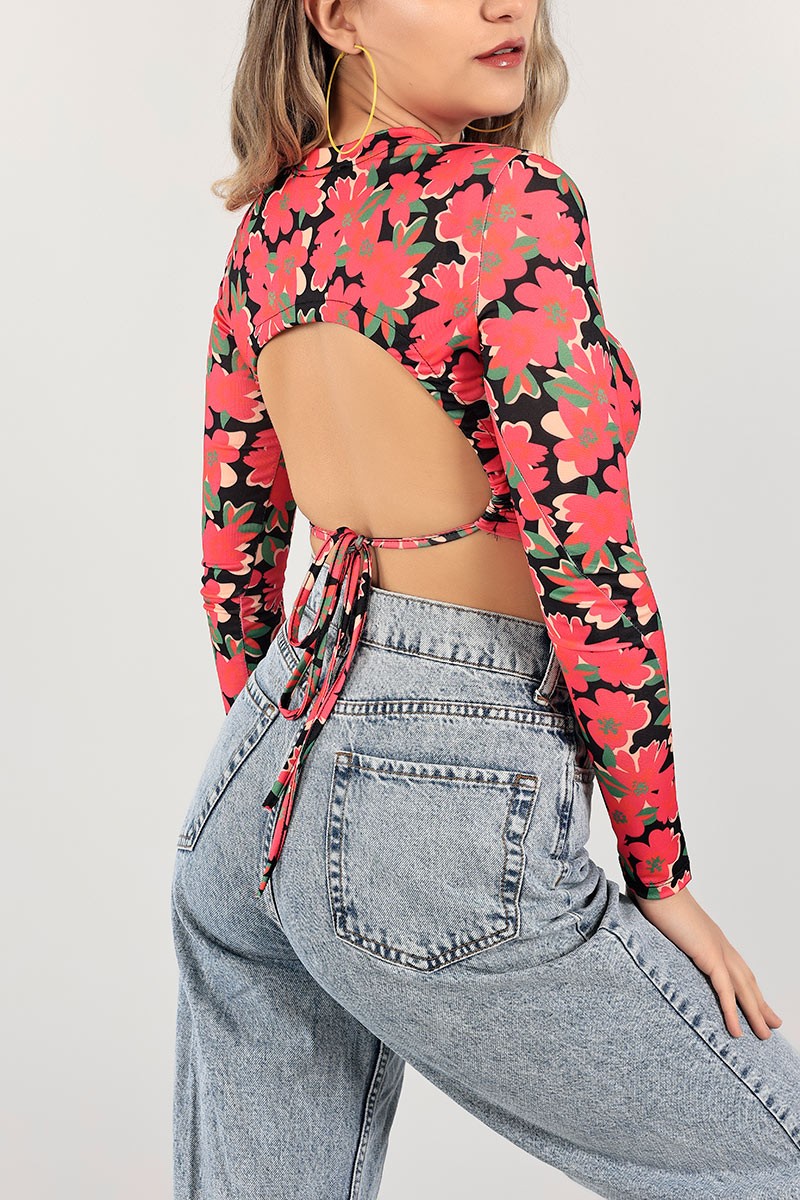 Fuşya Sırtı Bağlamalı Crop Bluz 100939