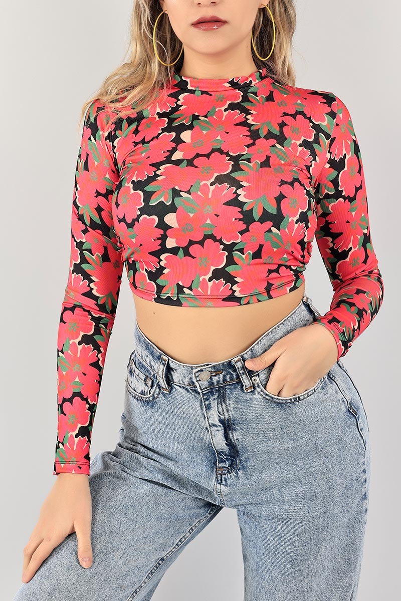 Fuşya Sırtı Bağlamalı Crop Bluz 100939