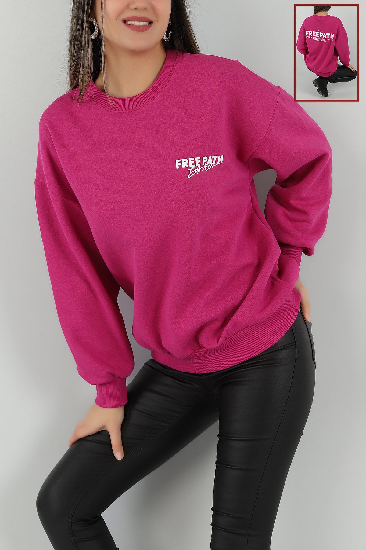 Fuşya Sırtı Baskı Şardonlu Sweat 144431