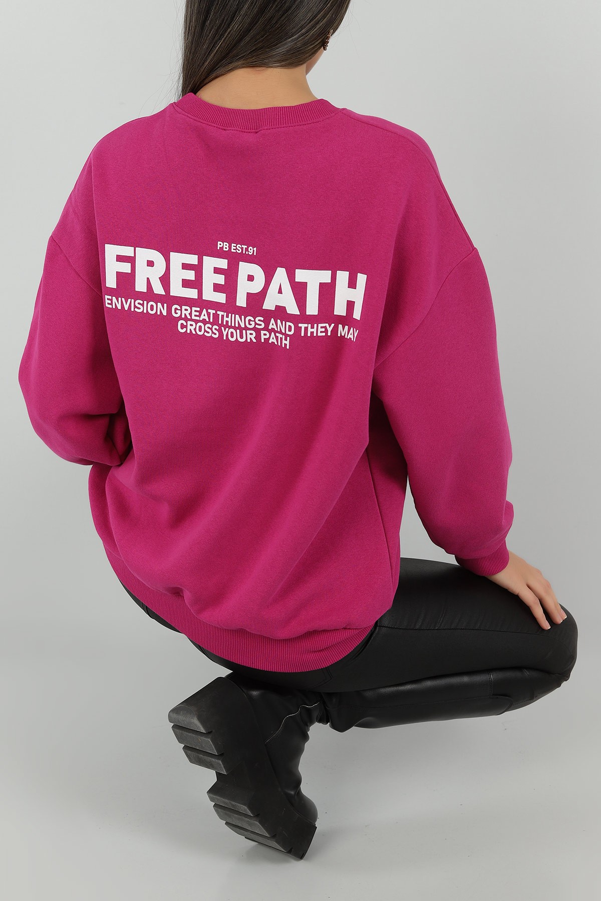 Fuşya Sırtı Baskı Şardonlu Sweat 144431