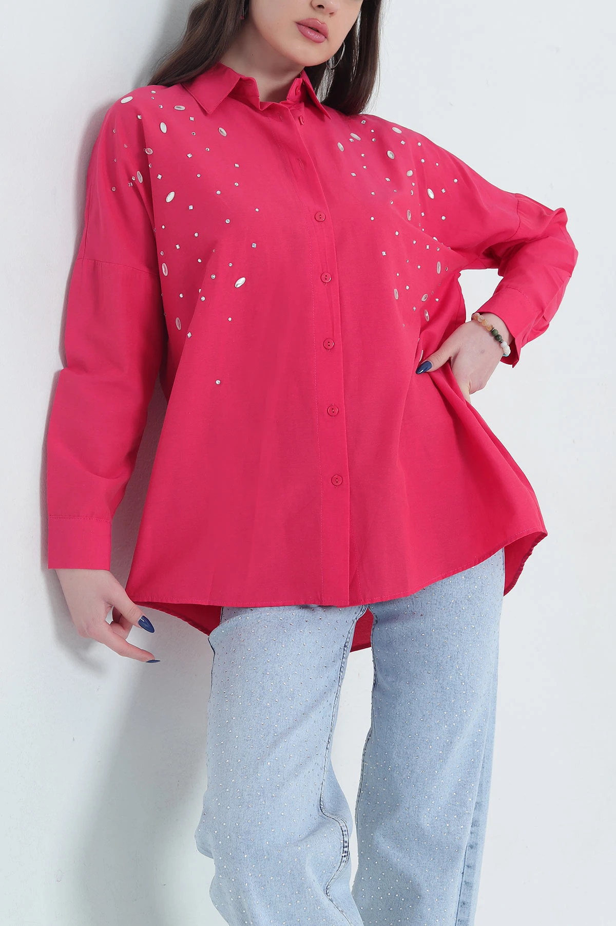 Fuşya Taş Detay Poplin Kadın Gömlek 341606