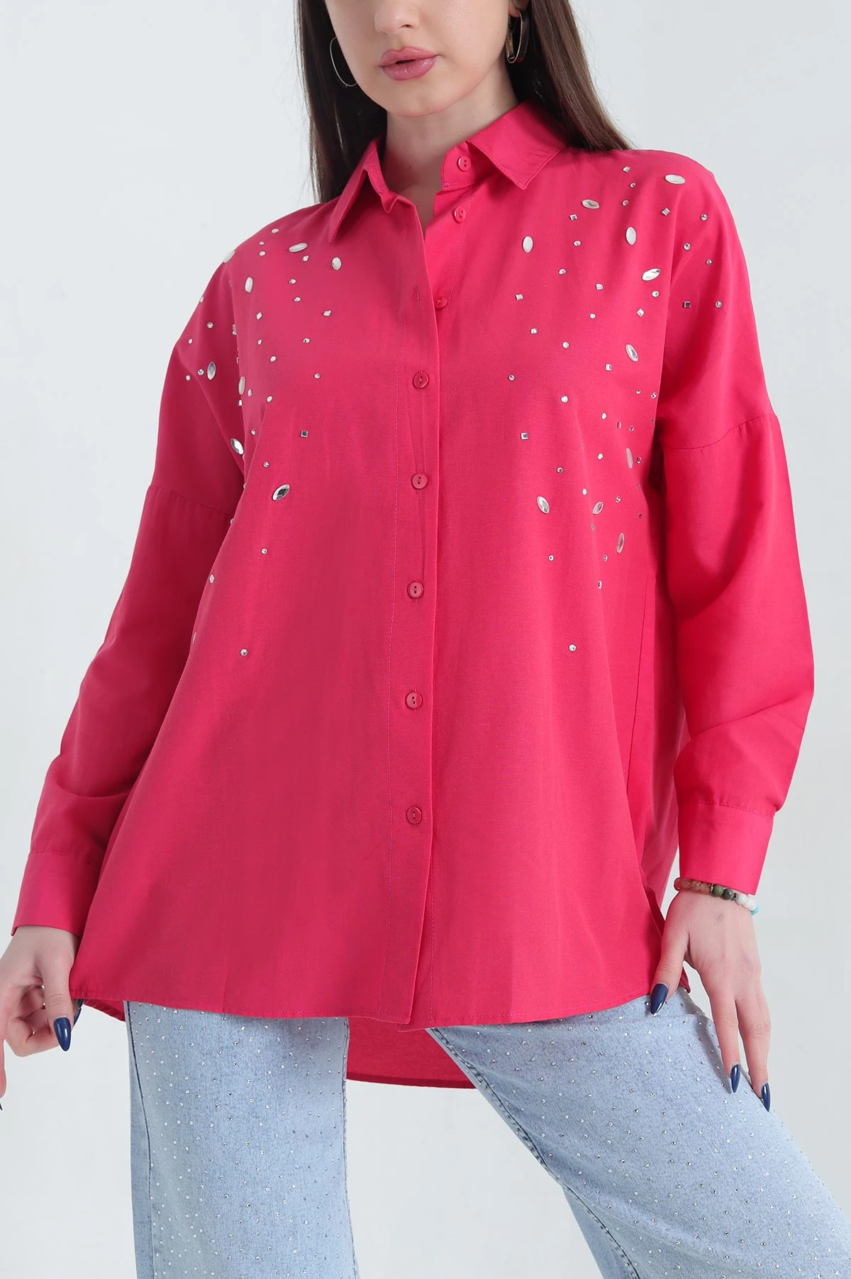 Fuşya Taş Detay Poplin Kadın Gömlek 341606
