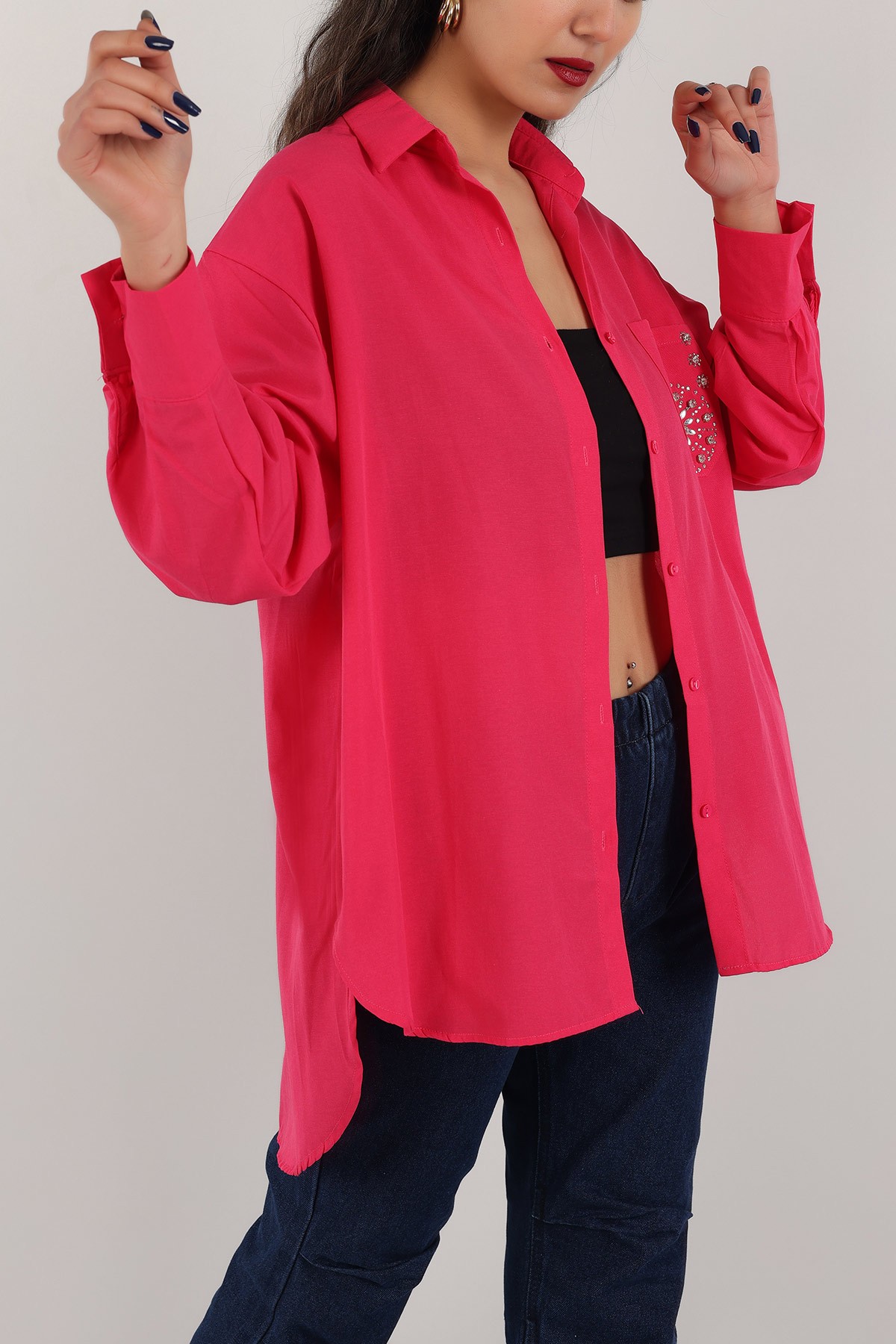 Fuşya Taş İşlemeli Poplin Dokuma Gömlek Tunik 159252