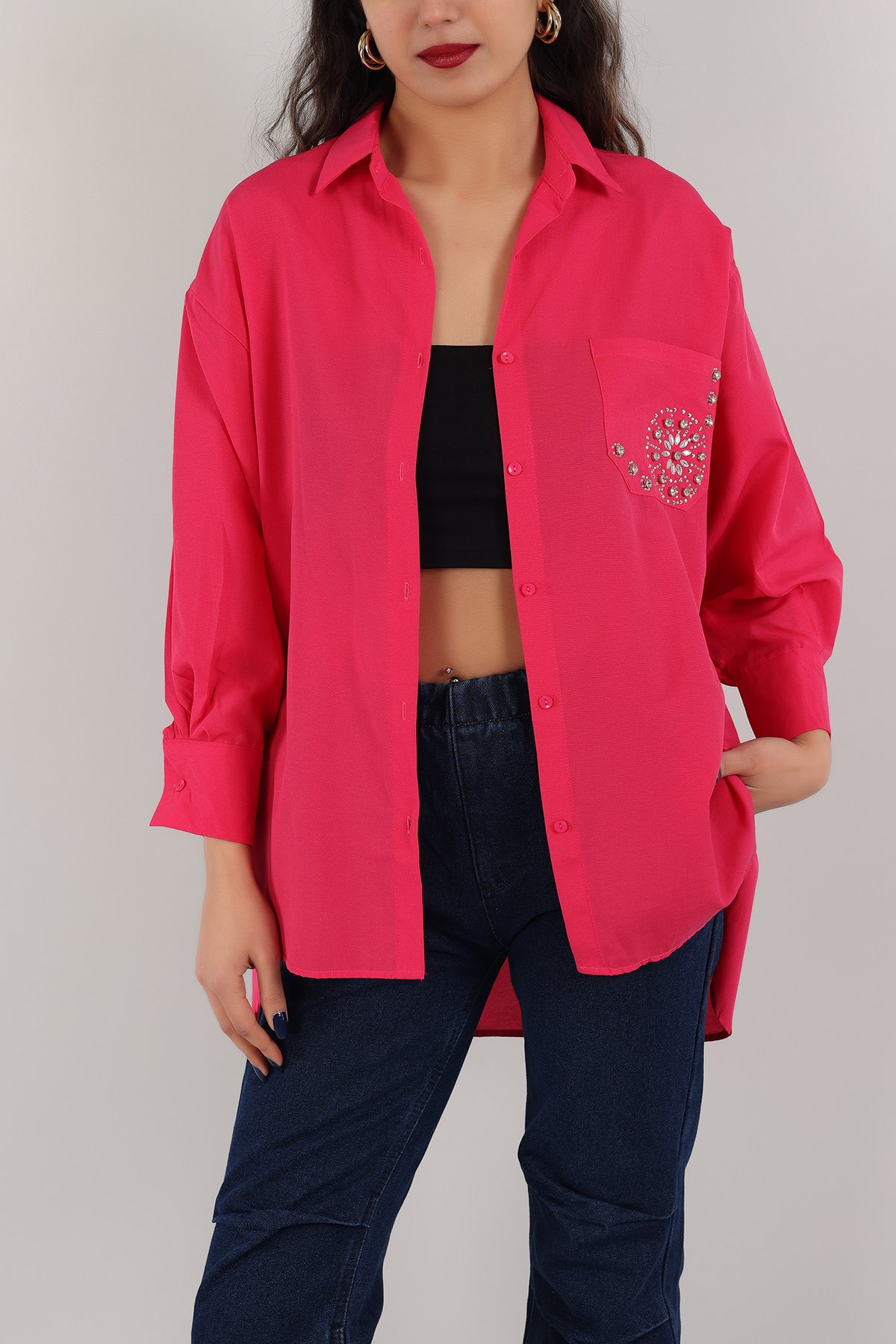 Fuşya Taş İşlemeli Poplin Dokuma Gömlek Tunik 159252