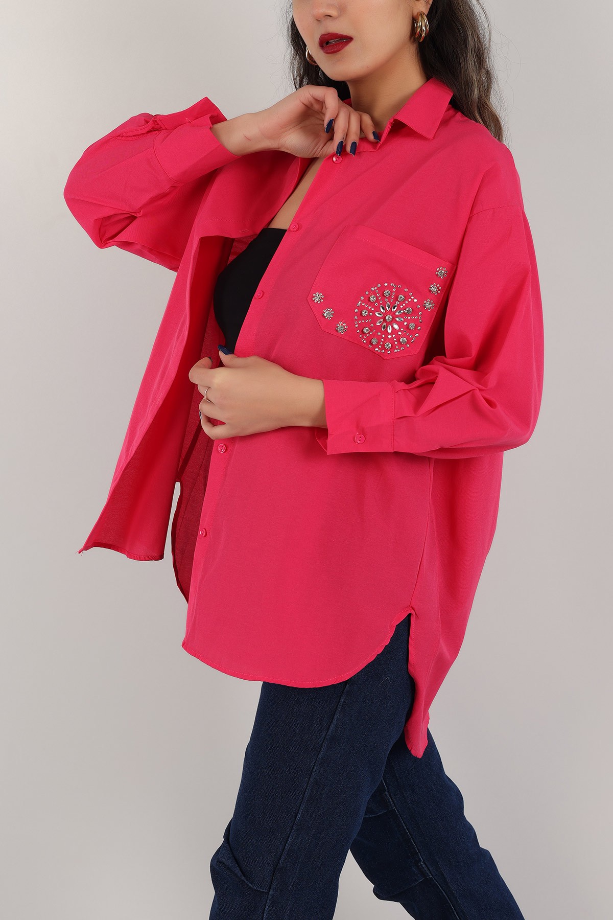 Fuşya Taş İşlemeli Poplin Dokuma Gömlek Tunik 159252