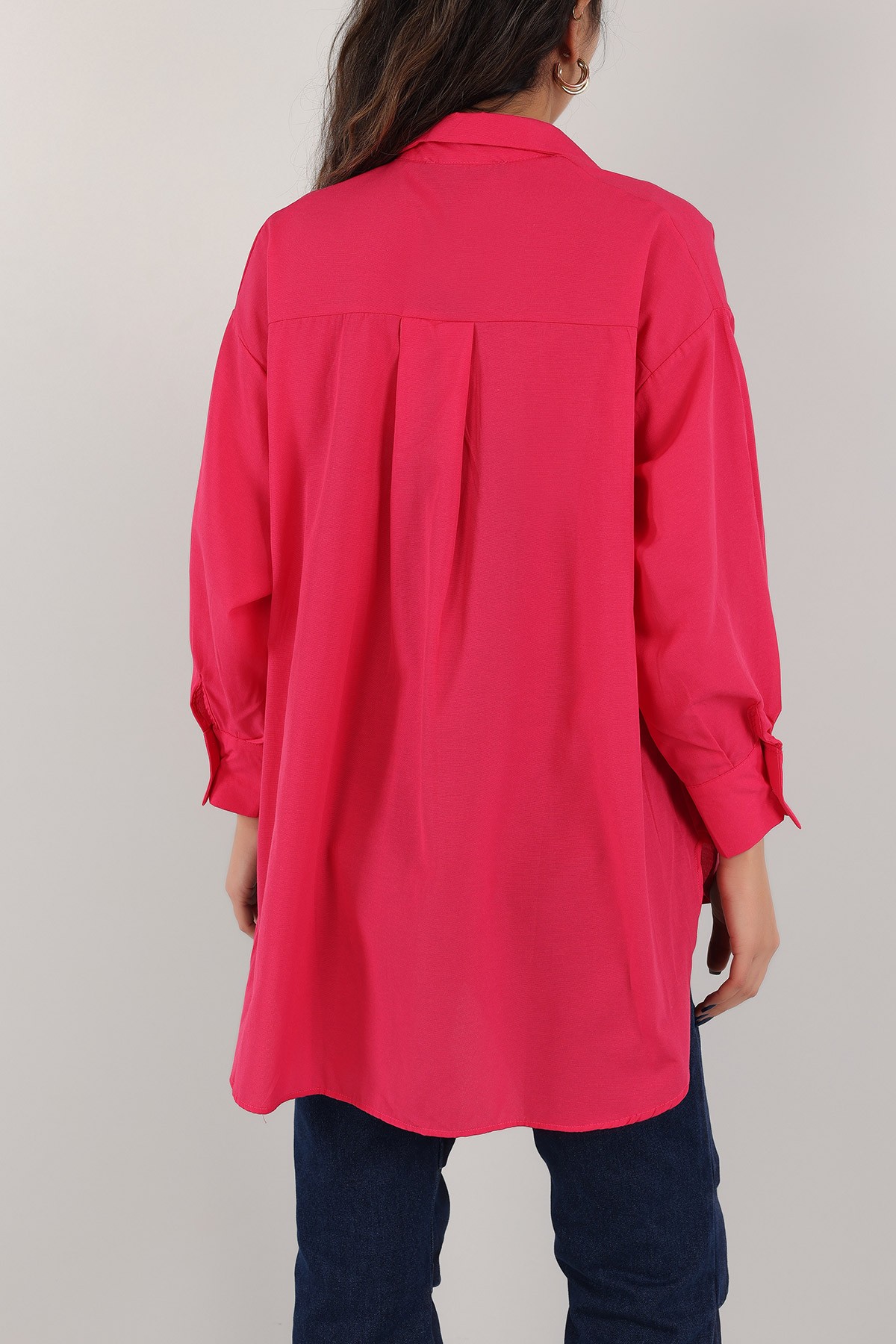Fuşya Taş İşlemeli Poplin Dokuma Gömlek Tunik 159252