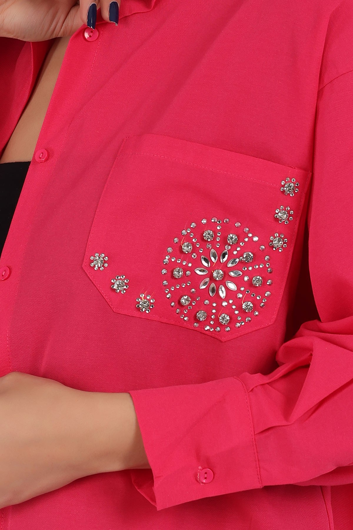 Fuşya Taş İşlemeli Poplin Dokuma Gömlek Tunik 159252