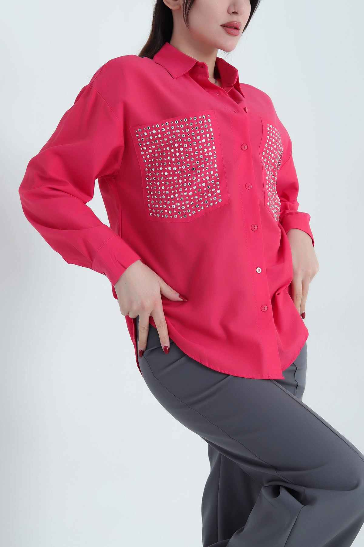 Fuşya Taşlı Çift Cep Poplin Gömlek 341254