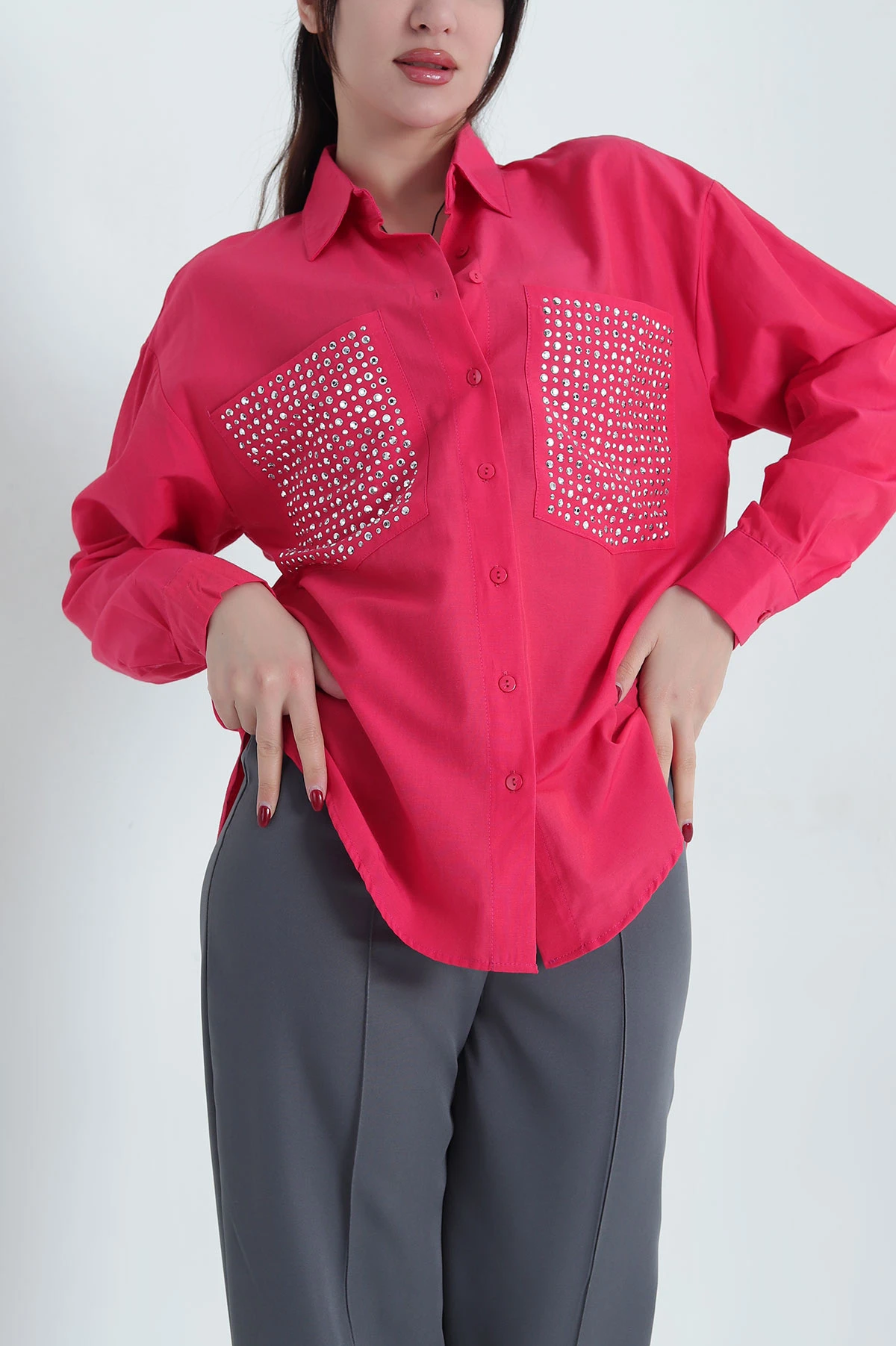 Fuşya Taşlı Çift Cep Poplin Gömlek 341254