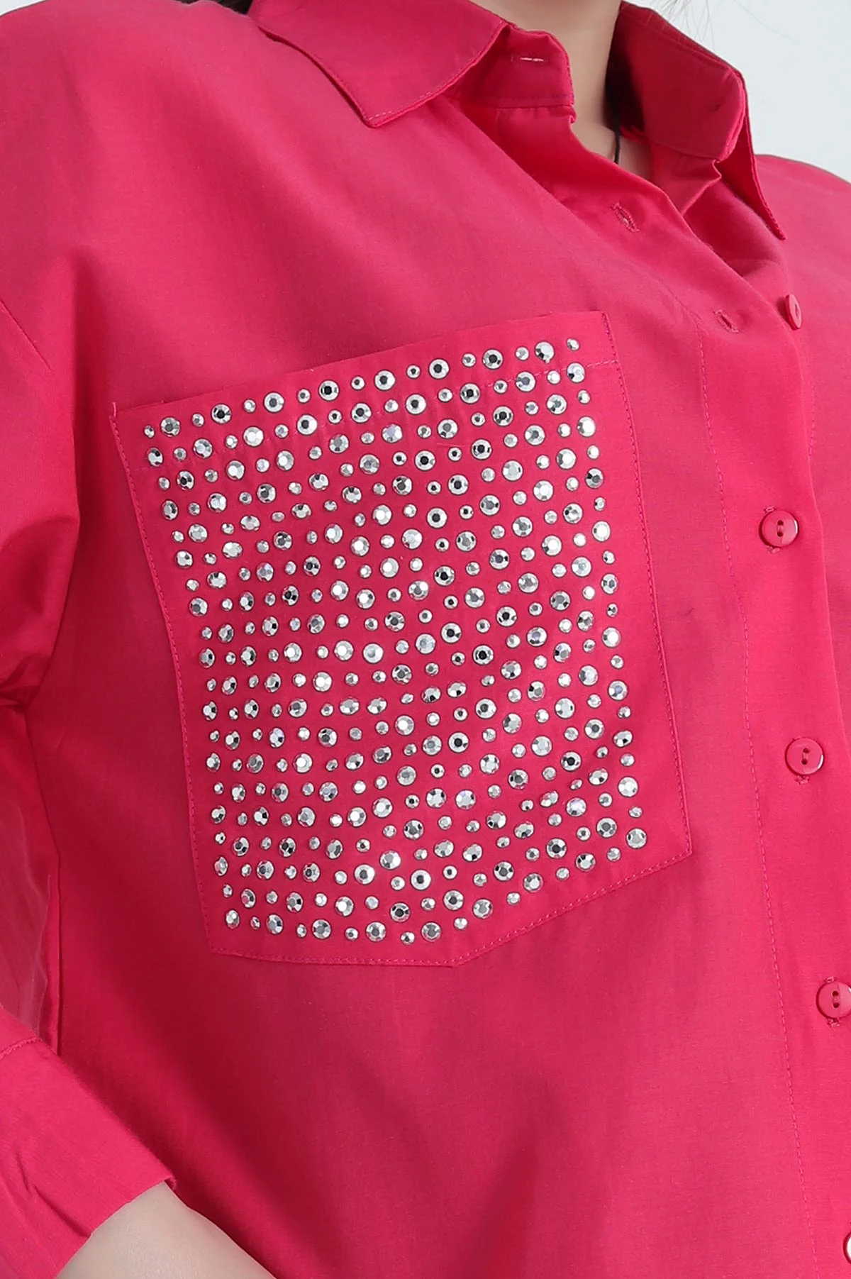 Fuşya Taşlı Çift Cep Poplin Gömlek 341254