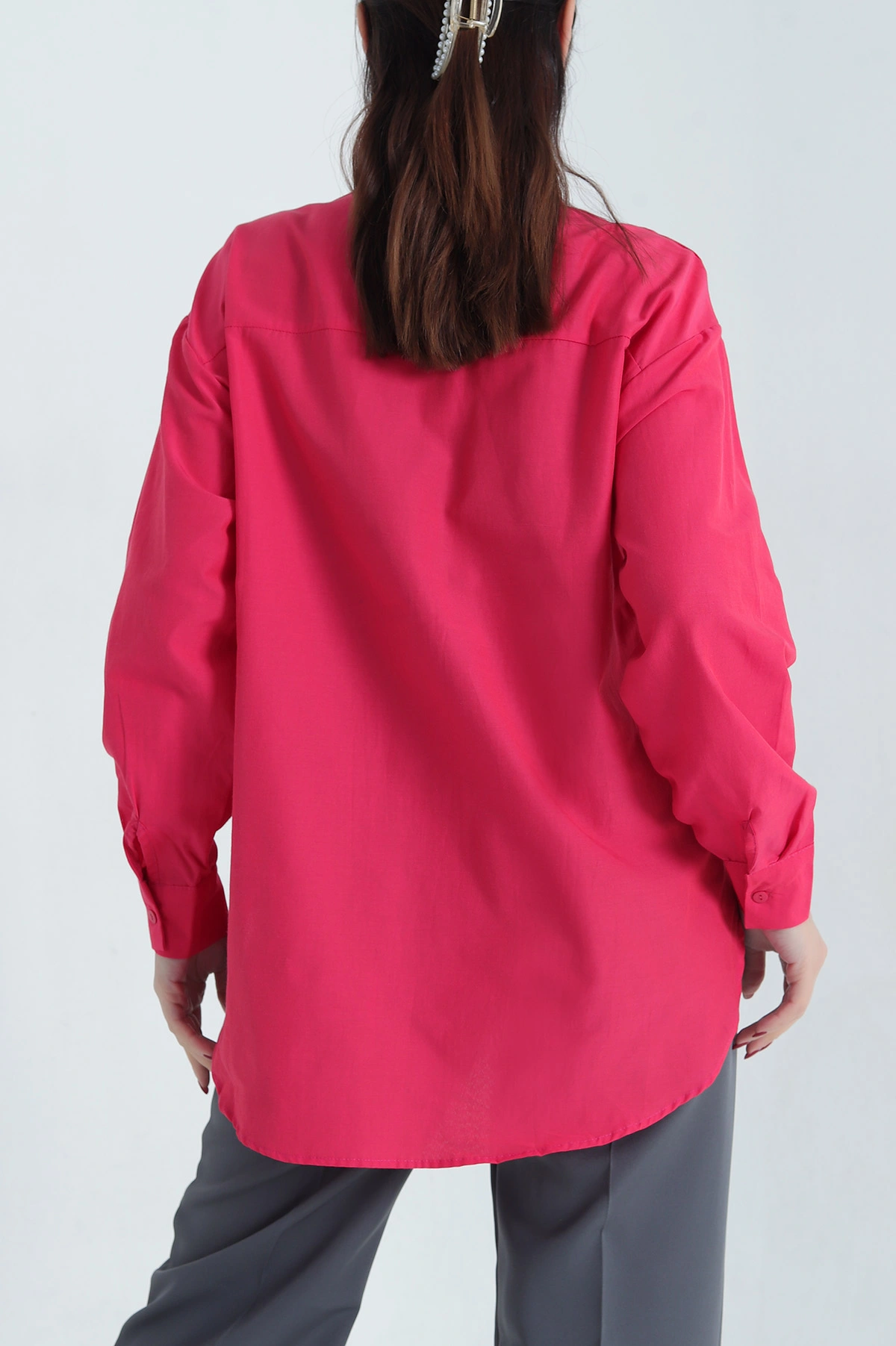 Fuşya Taşlı Çift Cep Poplin Gömlek 341254