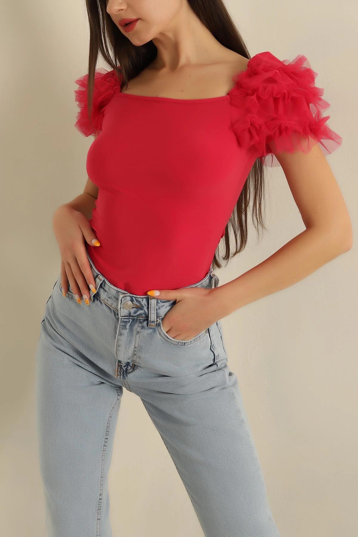 Fuşya Tüllü Kol Tasarım Sandy  Bluz 267020