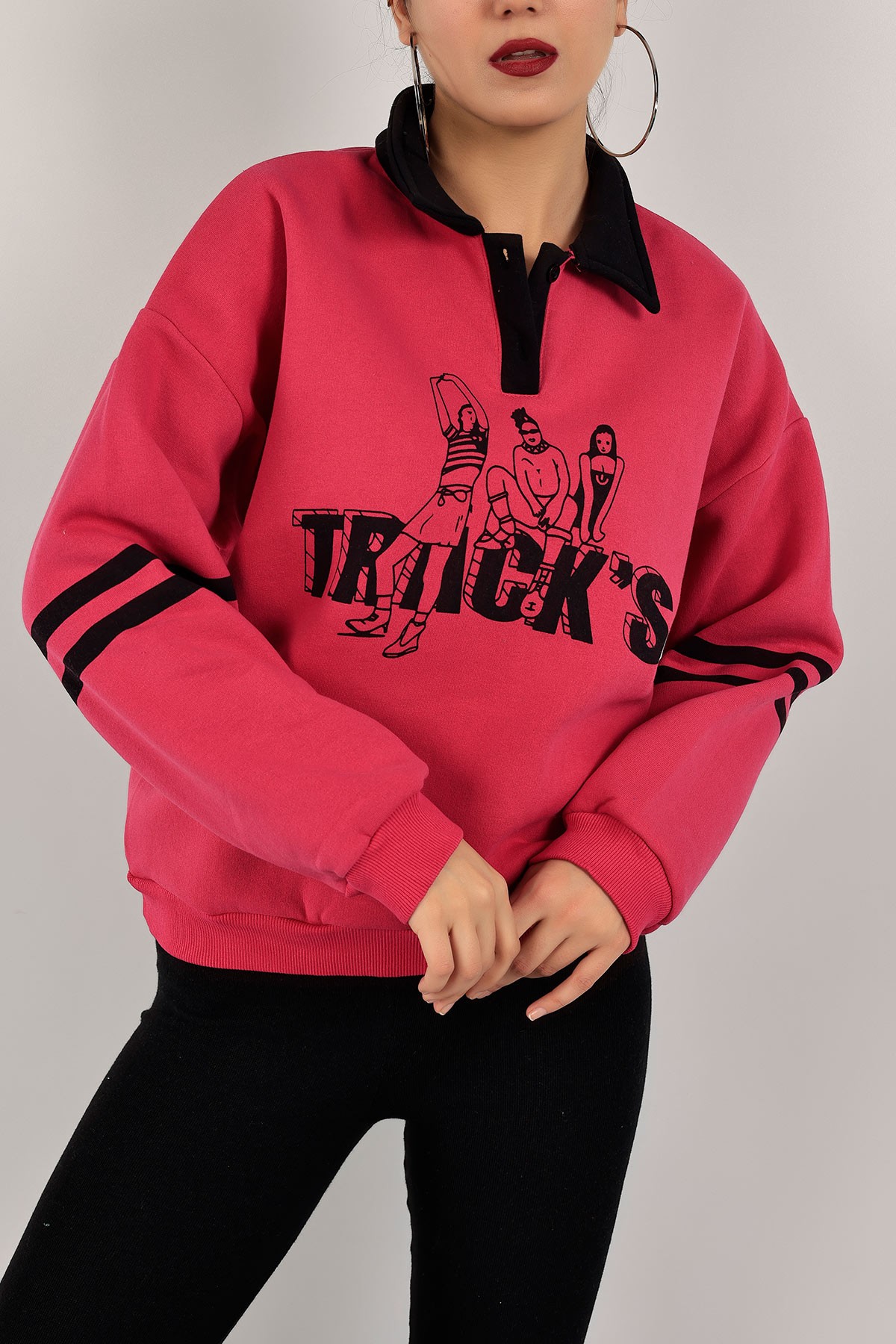 Fuşya Yakalı İçi Şardonlu Bayan Sweat 143458