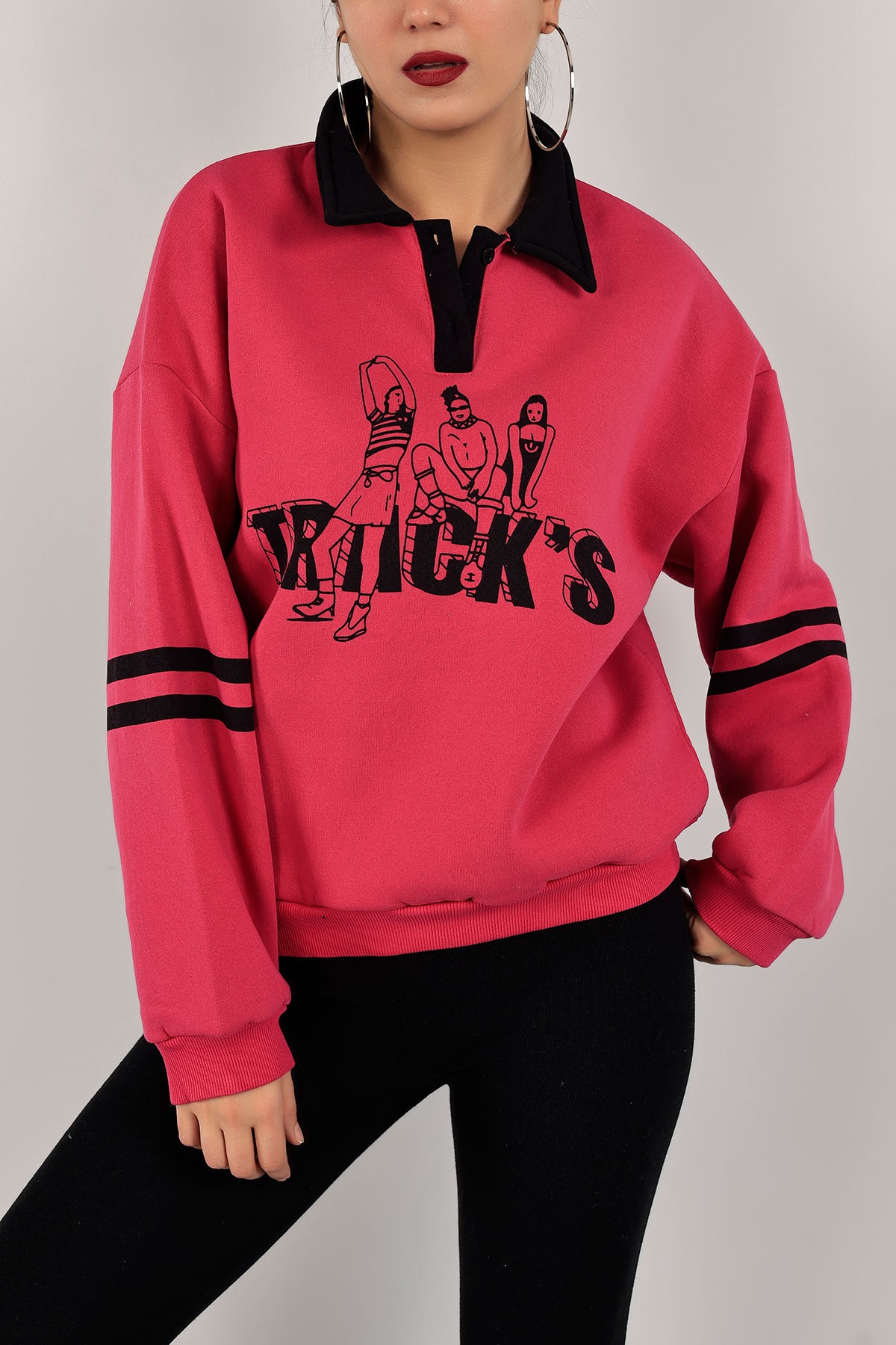 Fuşya Yakalı İçi Şardonlu Bayan Sweat 143458