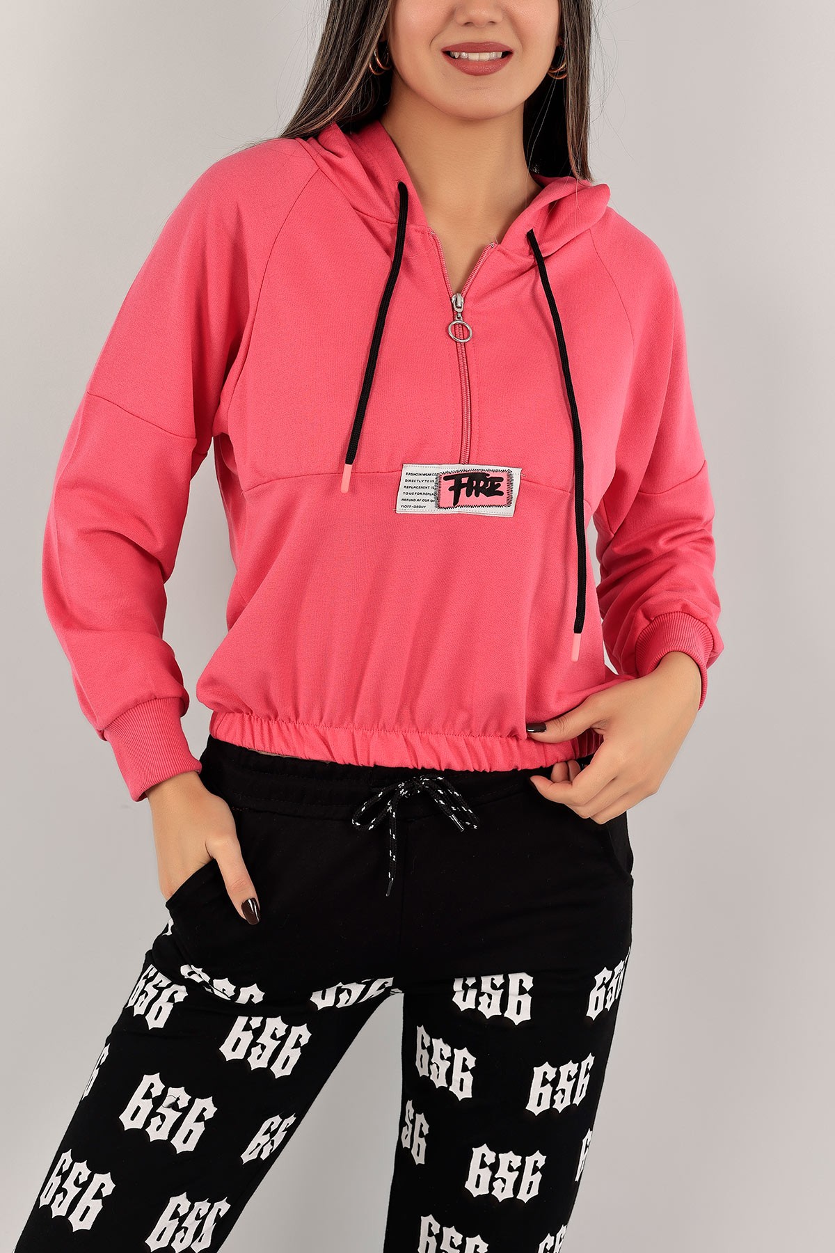 Fuşya Yarım Fermuarlı Beli Lastikli Sweat 140684