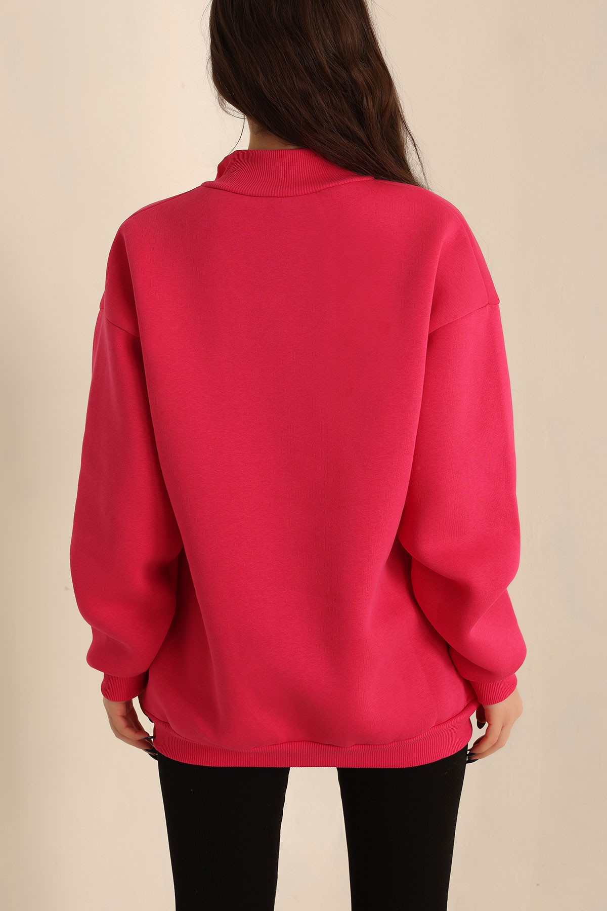 Fuşya Yarım Fermuarlı Şardonlu Sweat 224222