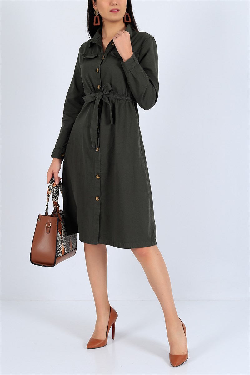 Gabardin Belden Bağlamalı Haki Elbise 19246B