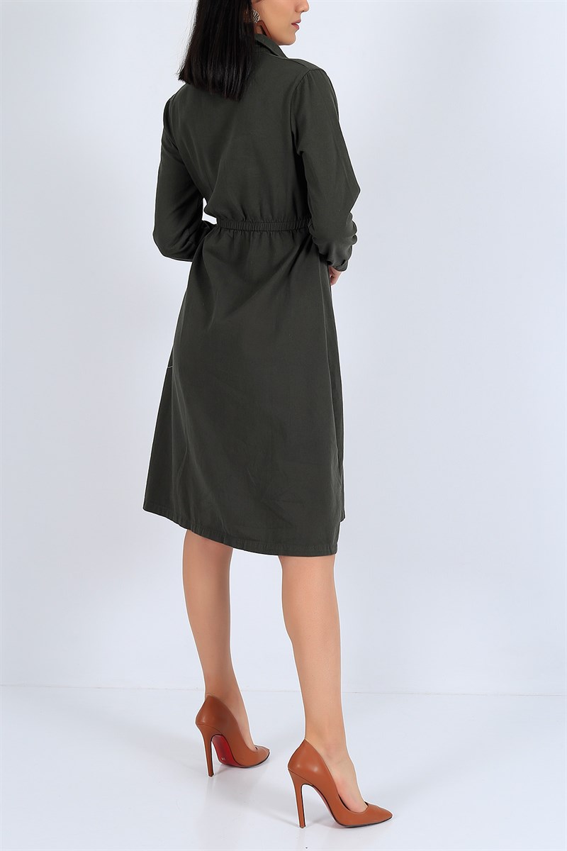 Gabardin Belden Bağlamalı Haki Elbise 19246B