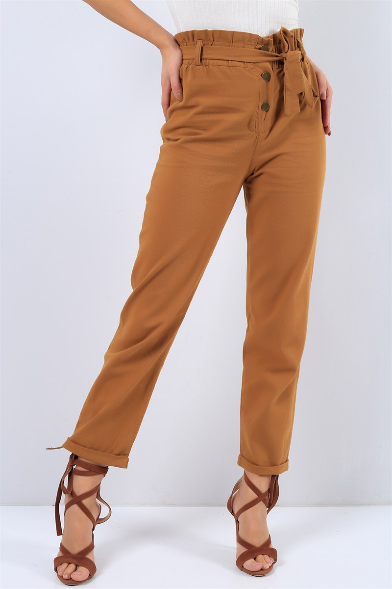 Gabardin Beli Lastikli Taba Bayan Pantolon 20988B