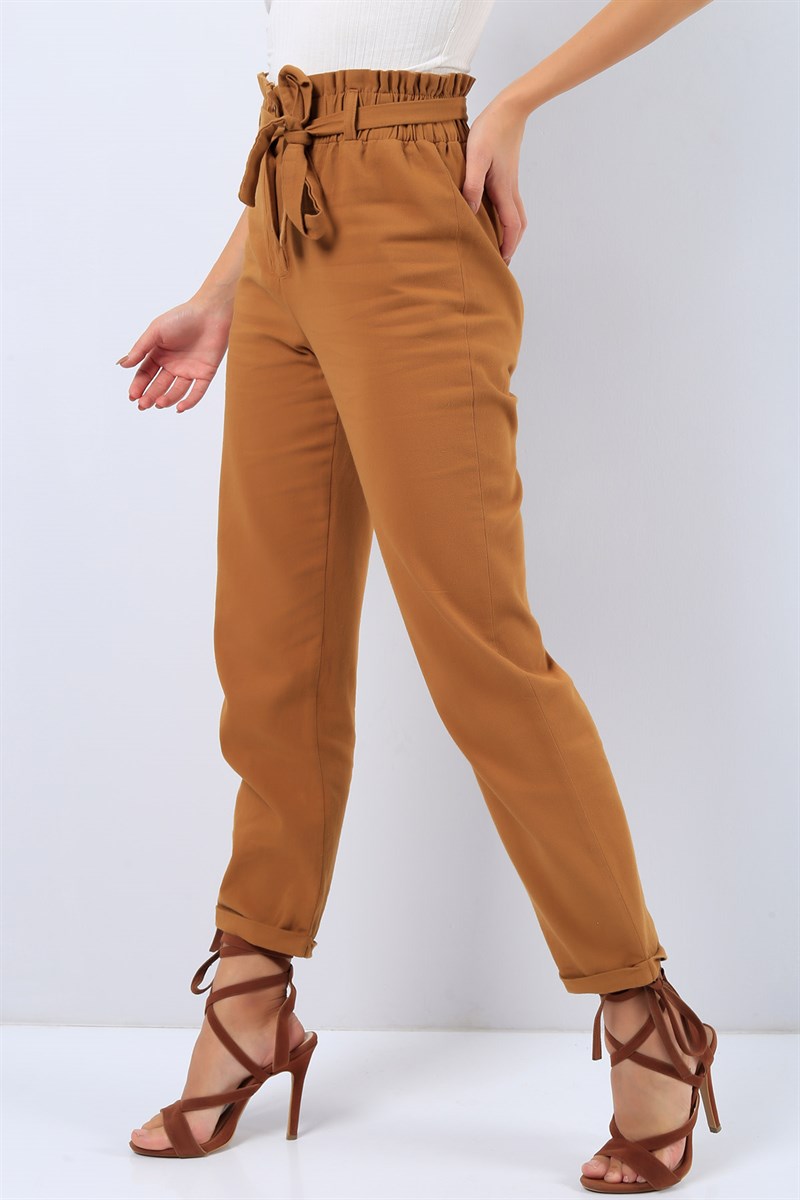 Gabardin Beli Lastikli Taba Bayan Pantolon 20988B
