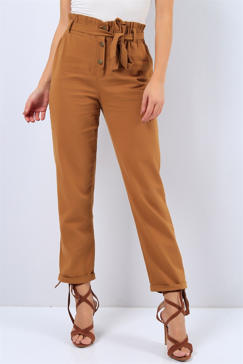 Gabardin Beli Lastikli Taba Bayan Pantolon 20988B