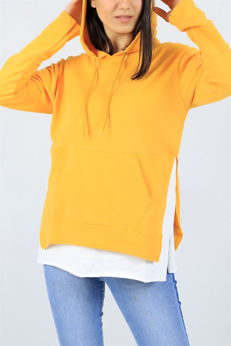 Garnili Kapüşonlu Sarı Sweat 23036B