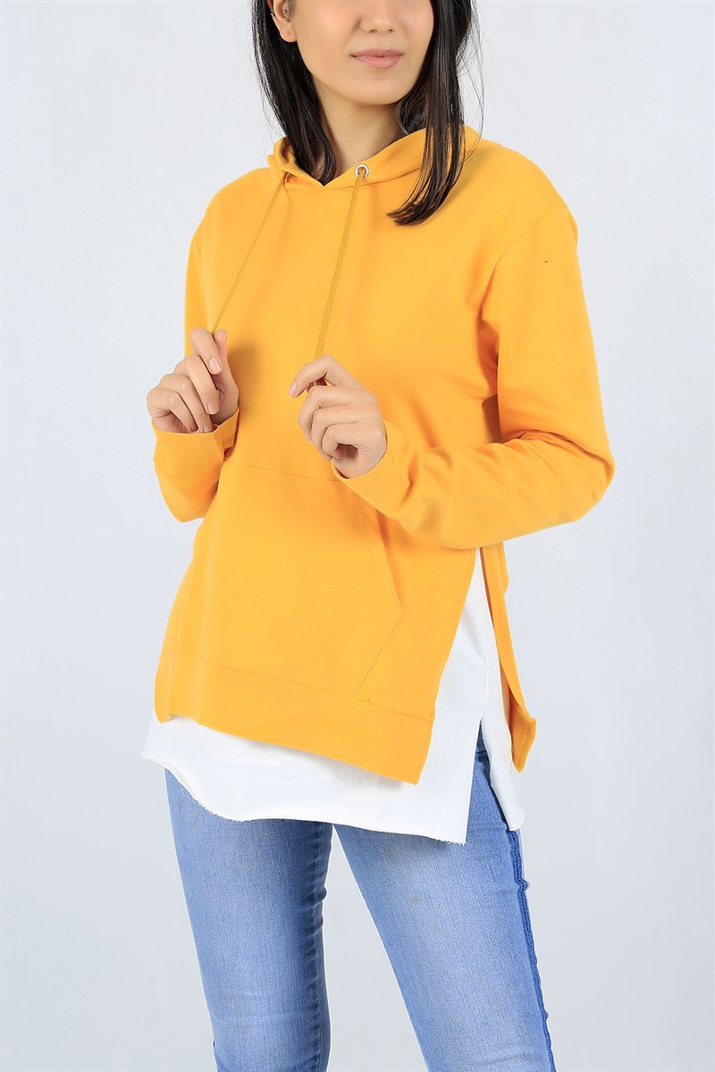 Garnili Kapüşonlu Sarı Sweat 23036B
