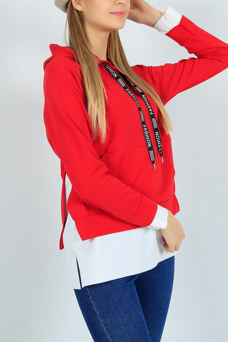 Garnili Kırmızı Kapüşonlu Sweat 24083B