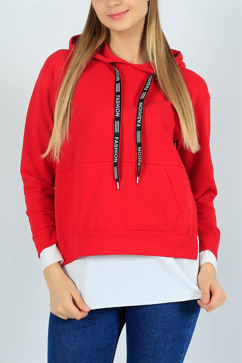 Garnili Kırmızı Kapüşonlu Sweat 24083B
