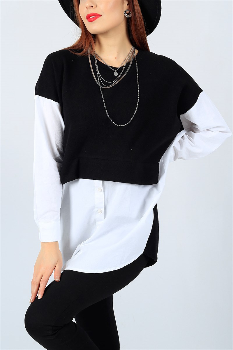 Garnili Siyah Beyaz Tasarım Triko Sweat 22824B