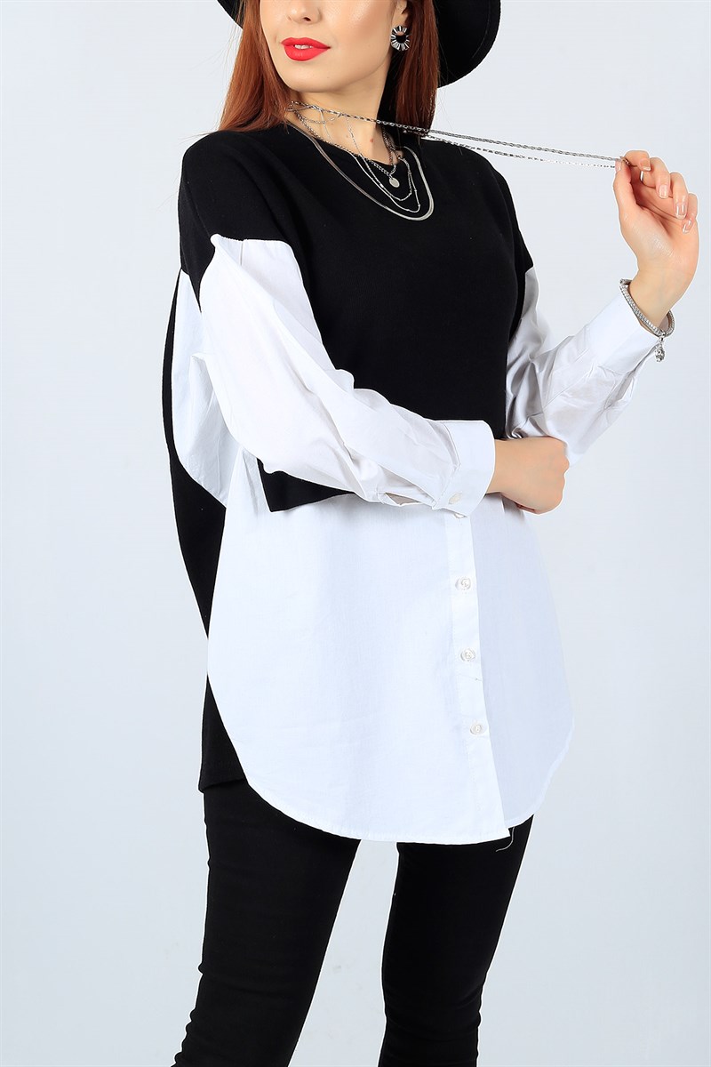 Garnili Siyah Beyaz Tasarım Triko Sweat 22824B