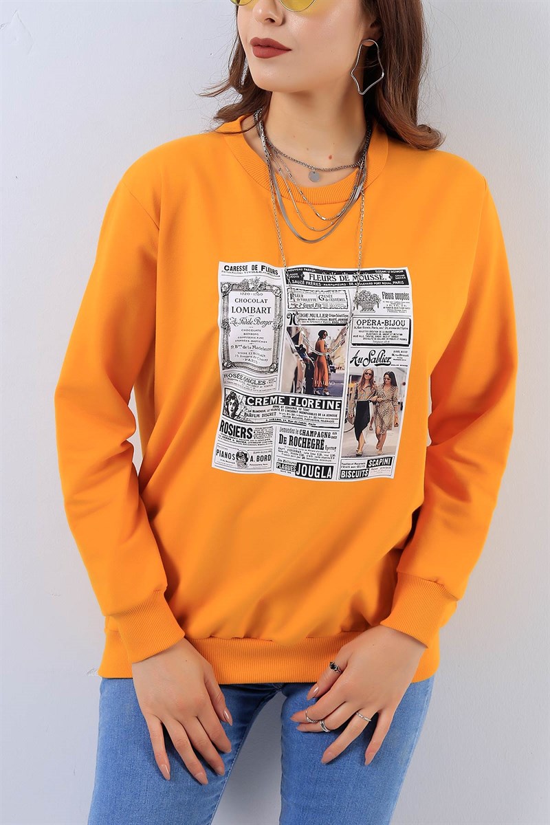 Gazete Baskılı Hardal Bayan Sweat 17805B