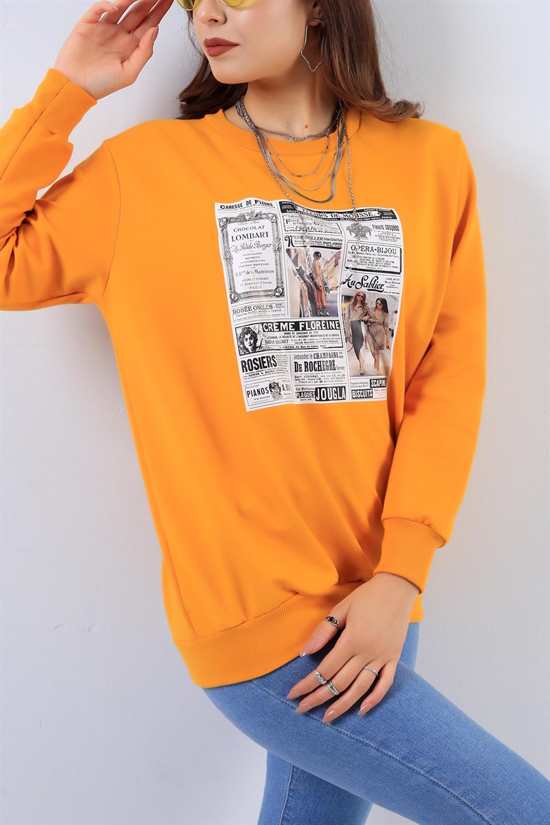 Gazete Baskılı Hardal Bayan Sweat 17805B