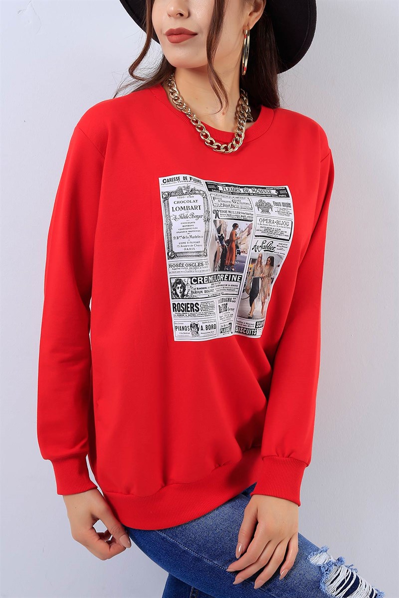 Gazete Baskılı Kırmızı Bayan Sweat 17804B