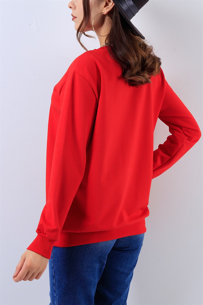 Gazete Baskılı Kırmızı Bayan Sweat 17804B