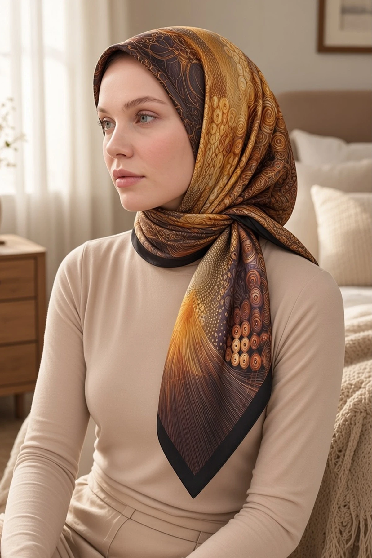 Gold 90x90 Cm Dijital Baskılı Orbit Desen Soft Eşarp 498494