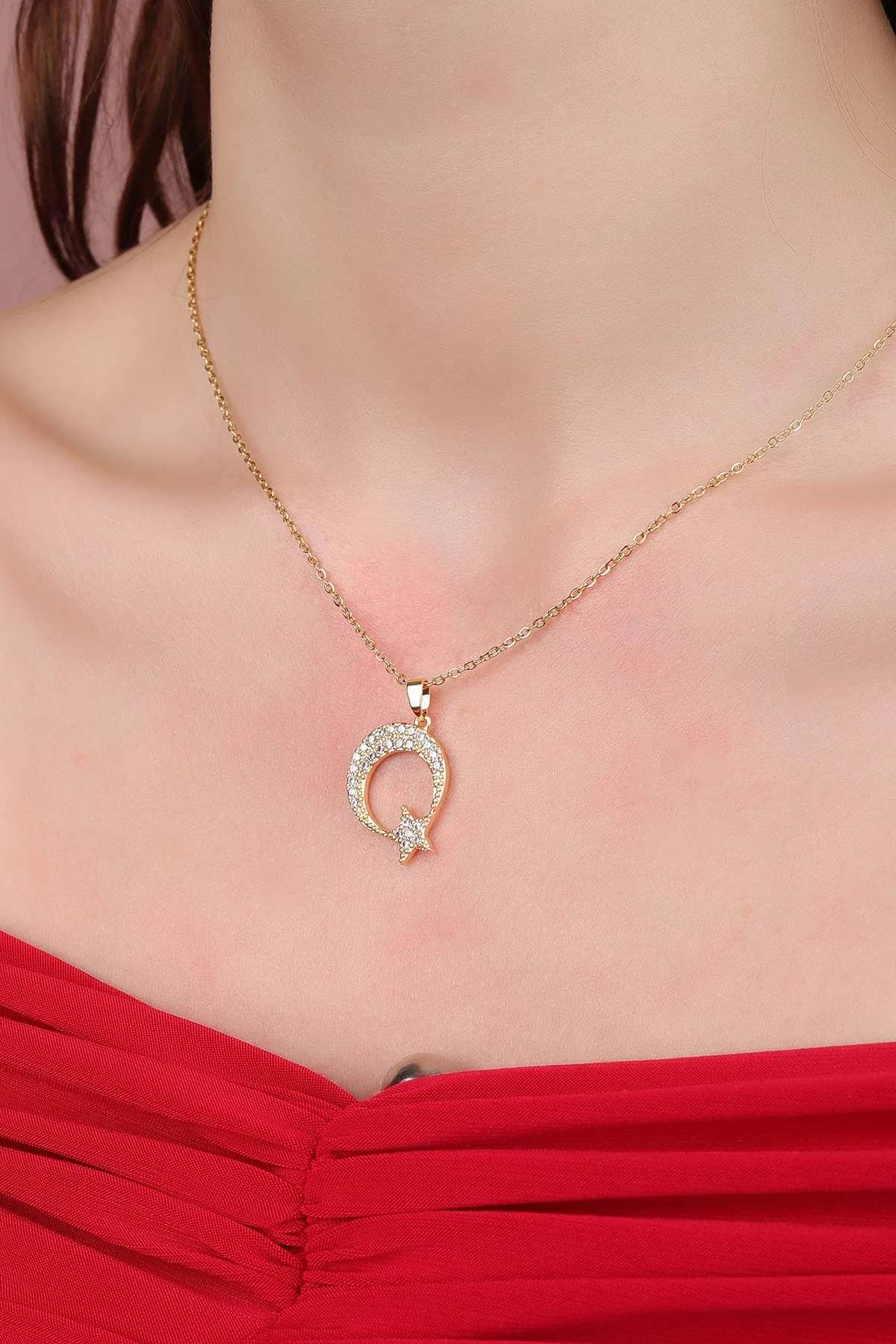Gold Ayyıldız Model Zirkon Taşlı Çelik Kolye 309463