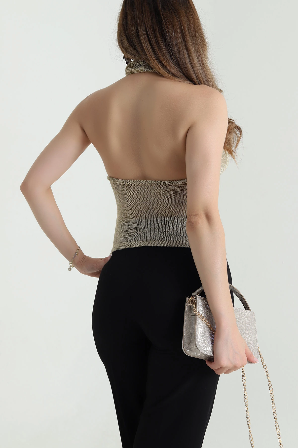 Gold Halter Yaka Simli File Kadın Bluz 480772