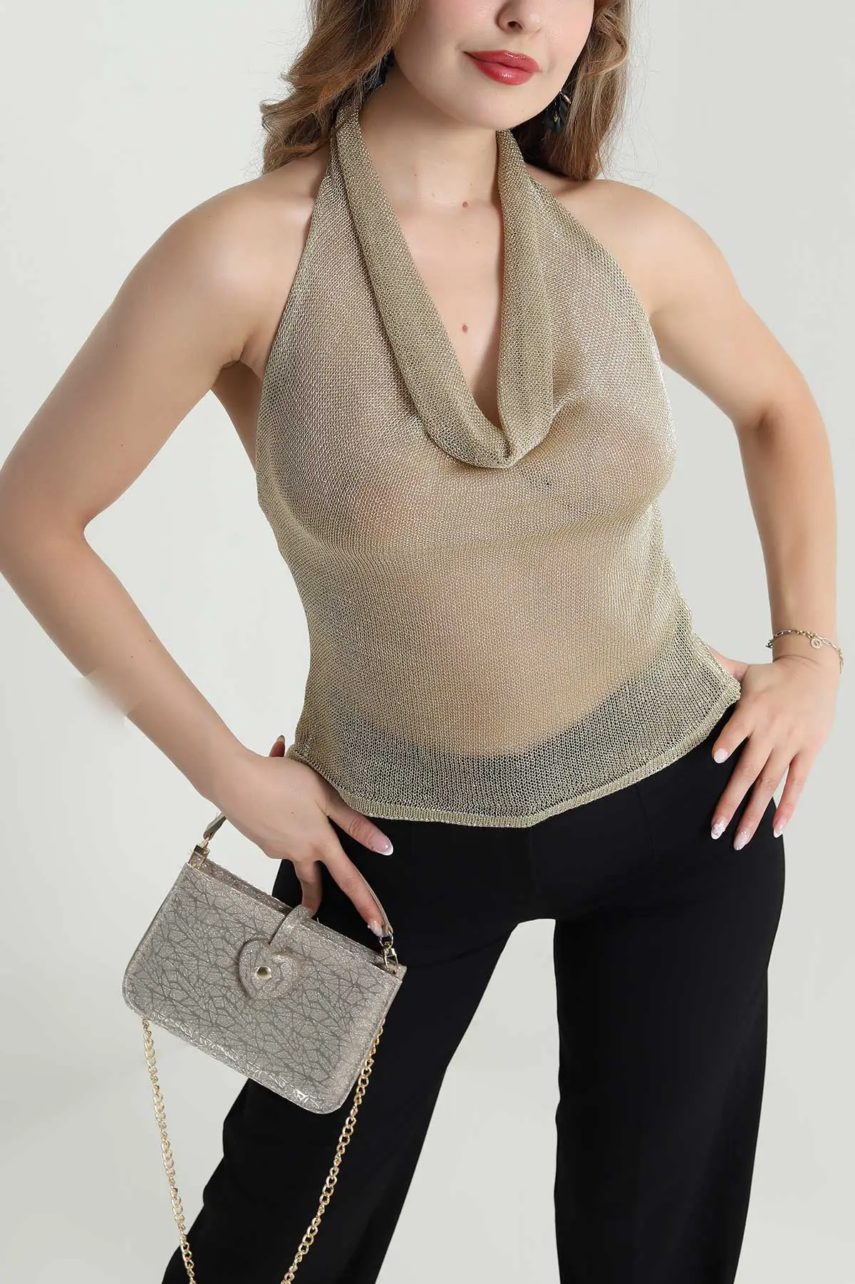 Gold Halter Yaka Simli File Kadın Bluz 480772