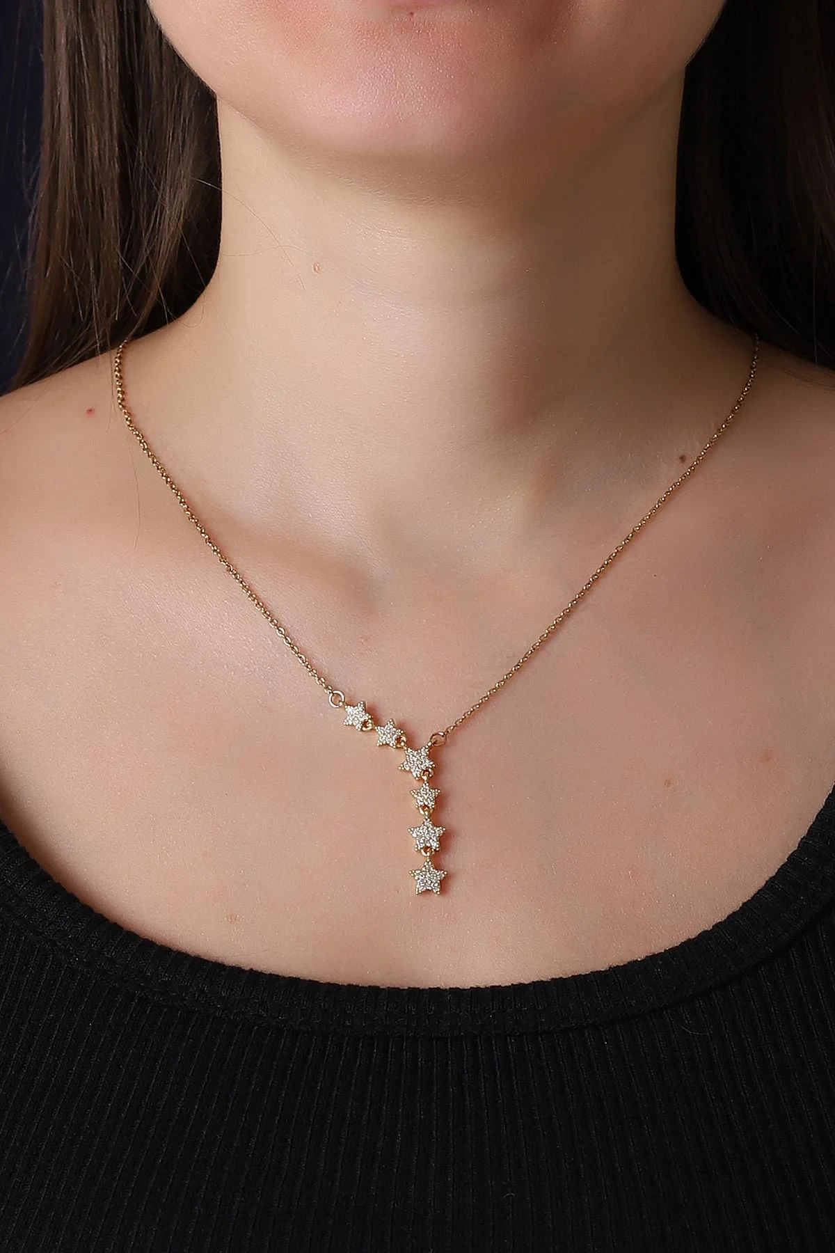 Gold Kayan Yıldız Model Zirkon Taşlı Çelik Kolye 390631