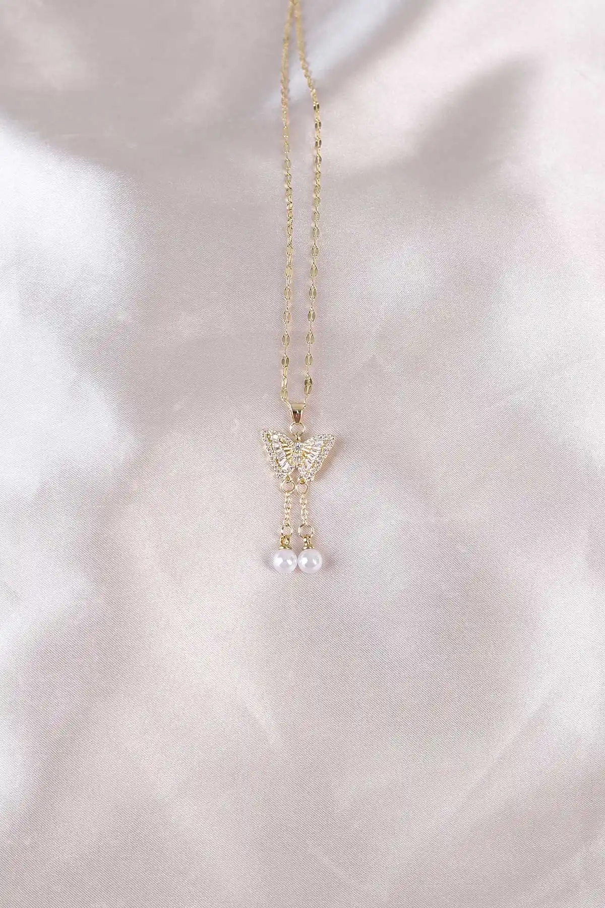 Gold Kelebek  Model Taşlı Şık Kolye 498424