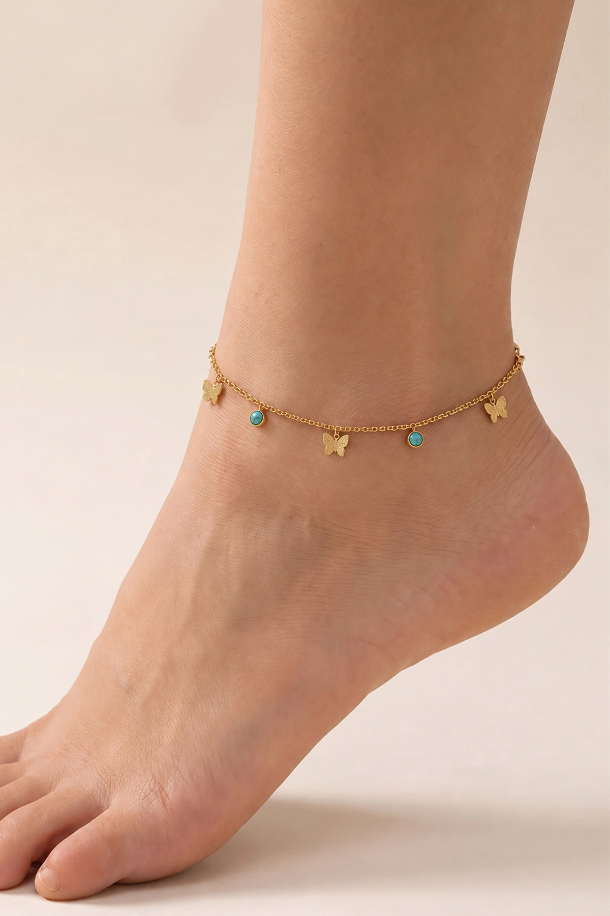 Gold Kelebekli Mavi Boncuklu Halhal 488138
