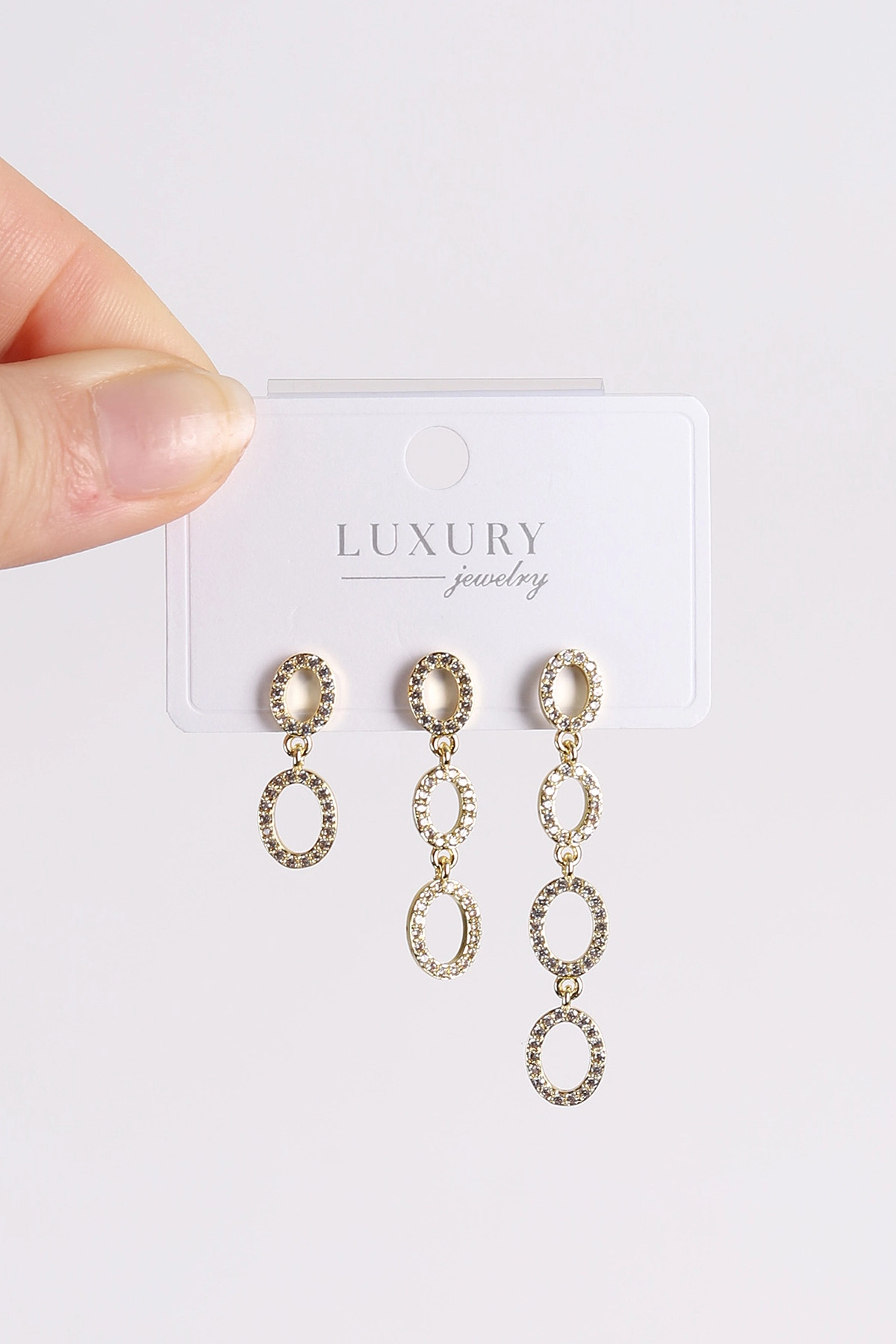 Gold Oval Model  Taşlı Sallantılı 3'lü Küpe 494662