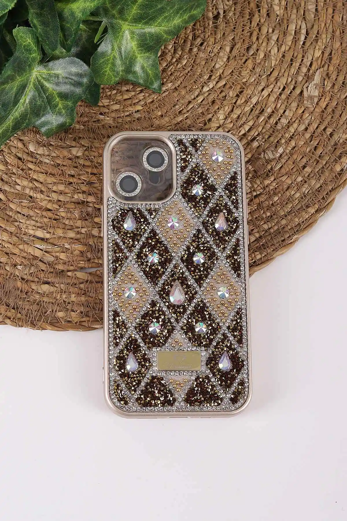 Gold TeknoCase İPhone 12 Uyumlu Dlr Diamond Case Serisi Lens Hediyeli Premium Sert Silikon Telefon Kılıfı 430344