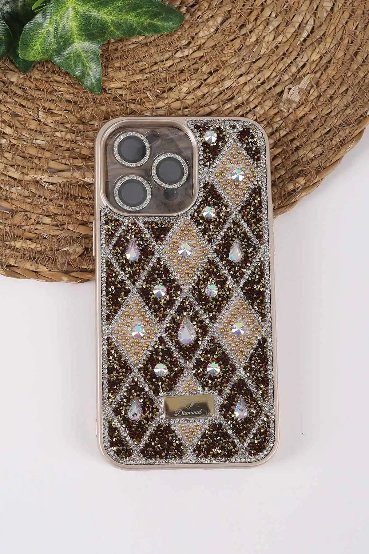 Gold TeknoCase İPhone 14 Pro Max Uyumlu Dlr Diamond Case Serisi Lens Hediyeli Premium Sert Silikon Telefon Kılıfı 430366