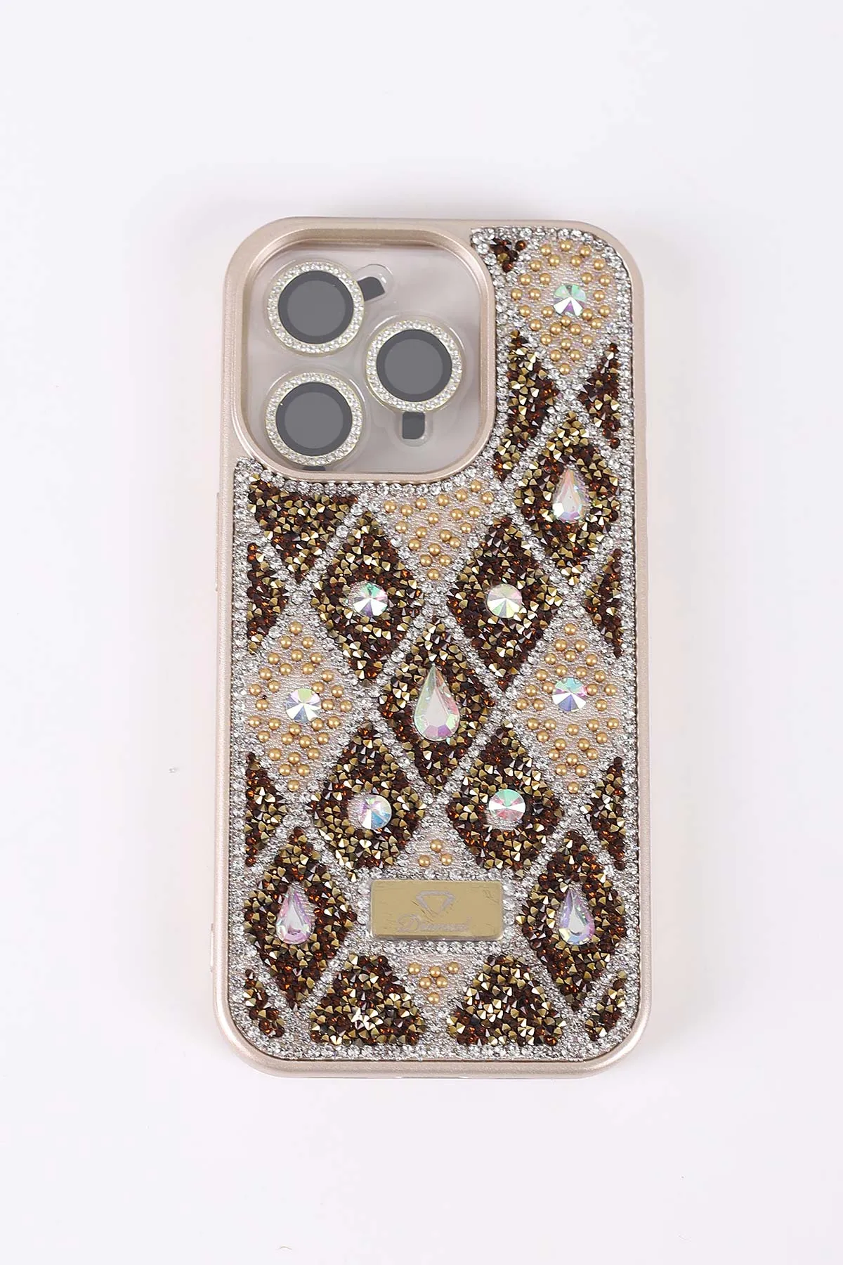 Gold TeknoCase İPhone 15 Pro Uyumlu Dlr Diamond Case Serisi Lens Hediyeli Premium Sert Silikon Telefon Kılıfı 430375
