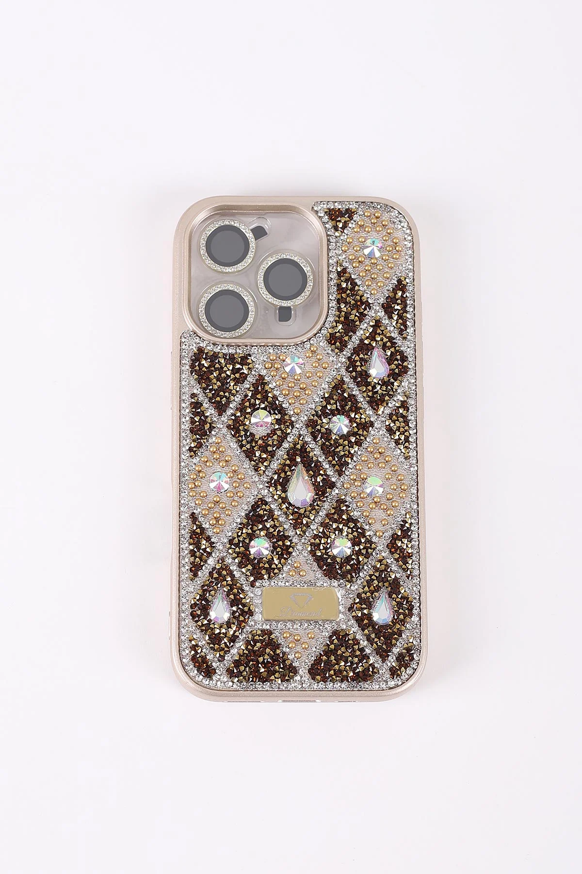 Gold TeknoCase İPhone 16 Pro Uyumlu Dlr Diamond Case Serisi Lens Hediyeli Premium Sert Silikon Telefon Kılıfı 430387