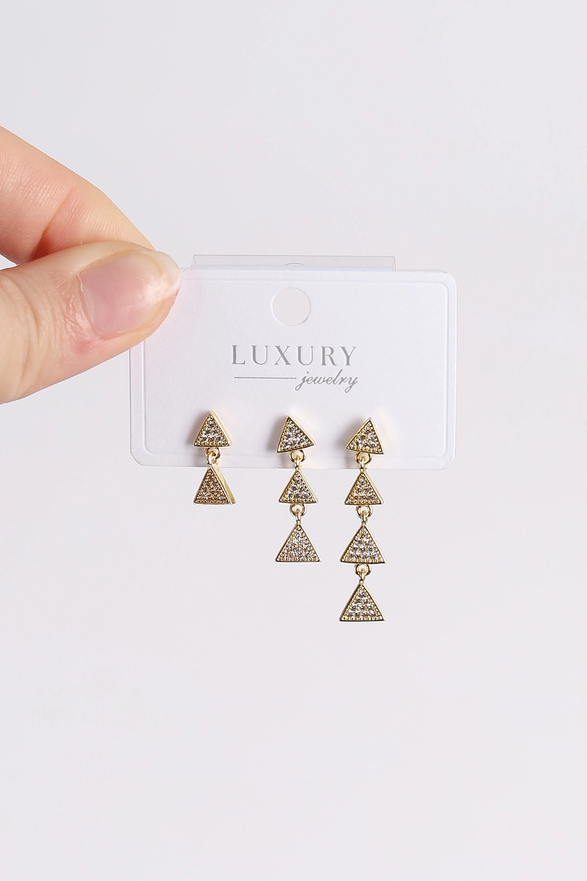 Gold Üçgen Model  Taşlı Sallantılı 3'lü Küpe 494657